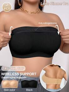 2 buah Bra Tanpa Tali untuk Wanita Ukuran Plus, Bra Penyangga Tanpa Tali, Bra Tanpa Jahitan Anti Selip, Bra Penyangga Kuat dengan Kait Belakang, Bra dengan Cup Nyaman, Cocok untuk Dipadukan dengan Gaun - MultiWarna - View 1