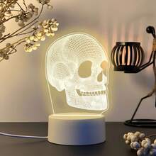 Skull Mesh Pattern Acrylic Night Light, USB Powered Warm Light Desktop Decor Lamp, Creative Artistic Desktop Ornament, Personalized Atmosphere Bedroom Bedside Table Decoration, Suitable For Halloween Theme Decor, Toy Enthusiast Holiday Birthday Gift - Warm white light - View 8