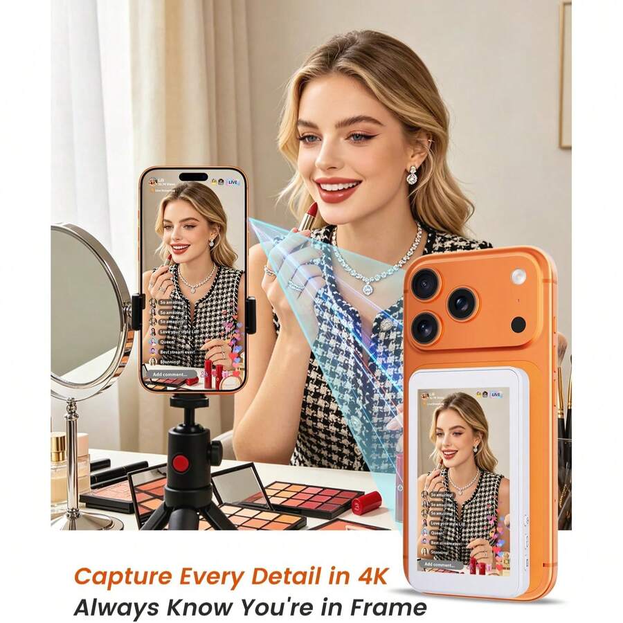 Layar Monitor Selfie Rollei M4 Kompatibel dengan iPhone 7-18, Pencerminan Layar Vlog 4K 60fps, Monitor Selfie Kamera Belakang Magnetik, Kontrol Nirkabel 164FT untuk Siaran Langsung/Video, Kompatibel dengan Android