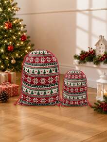 2pcs Red & Green Snowflake Christmas Tree Print Gift Wrapping Bags, Nordic Style Fabric Rectangular Drawstring Gift Sacks With Knit-Look Pattern For Christmas Presents, Party Favors & Holiday Decor - Multicolor - View 4