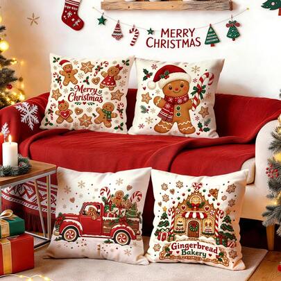 4pcs/1pc Christmas Gingerbread Man Pattern Pillow Case Without Insert, Single-Sided Printed Pillow Case, Suitable For Living Room, Bedroom, Home Decor, All-Season Pillow Case