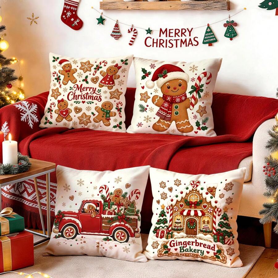 4pcs/1pc Christmas Gingerbread Man Pattern Pillow Case Without Insert, Single-Sided Printed Pillow Case, Suitable For Living Room, Bedroom, Home Decor, All-Season Pillow Case - Multicolor - View 1