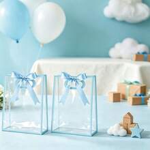 1/4/12pcs Transparent Gift Bags With Ribbons, Suitable For Baby Shower, Graduation, Wedding, Bridal Party, Birthday Party, Business Occasions, With Cut-Out Handles, Reusable PP Material, 7x10x3.15 Inches (Blue) - Blue - View 5