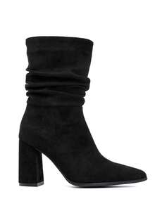 Mid-Calf Pleated Suede Ankle Boots With High Heels – - Black - View 2