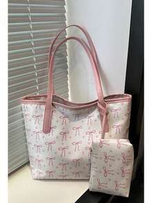 1pc Fashion Contrast Color Bow Print Shoulder Bag, Minimalist Lightweight, Multi-Pocket Design, Large Capacity, With Laptop Compartment - White - View 3