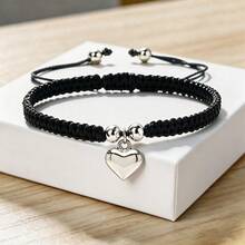 1Pc Multicolor Handmade Braided String Bracelet Silver Big Heart Pendant Rope Bangle For Women Couple Cute Casual Jewelry Gift - Large Silver Heart - View 8