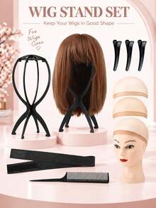Wig Stand & Styling Set, Includes Foldable Wig Display Stand, Elastic Wig Cap, Lace Hair Net, Hair Clips And Tail Comb, Suitable For Women Wearing Lace Front Wigs And Daily Styling - View 1
