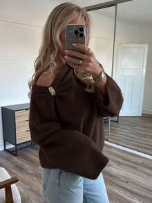 Women's Casual Cute Elegant French Style Gold Button Open Shoulder Long Sleeve Knit Sweater Pullover, Basic Autumn/Winter Outfit Wear - Brown - View 9