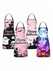 1pc 2pcs 4pcs Happy Halloween Cartoon Apron, Pink Ghost Castle Bat Print Sleeveless Apron, Women Kitchen Baking Apron Holiday Decor - Multicolor - View 1