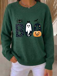Plus Size Women's Ghost Reading Bookshelf Graphic Casual Pullover Sweater - Dark Forest Green - View 2
