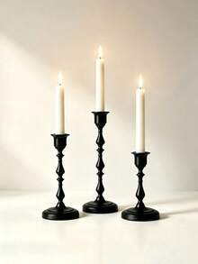 3pcs Matte Black Vintage Metal Taper Candle Holders, Desktop Decor Candle Holders, Suitable For Dark-Toned Home, Wedding And Holiday Party Tabletop Decoration, Candles Not Included - A - View 1
