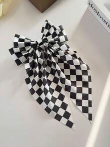 1/3pcs Women's Black & White Plaid Checkerboard Spring Hair Clips With Bows, Minimalist Satin Ribbon Ponytail Clips, Autumn Outfit Decorative Hair Accessories, Versatile Daily Hair Clips - Multicolor - View 2