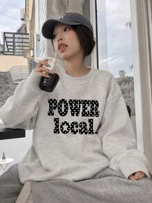 Women's Fashion Autumn/Winter Loose Casual Versatile Letter Print Pattern Crew Neck Sweatshirt - Light Gray - View 6