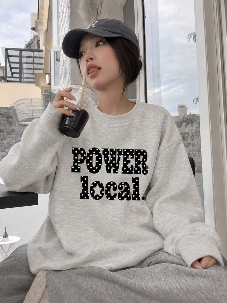 女款時尚秋冬寬鬆休閒百搭字母印花圓領衛衣 - 淺花灰 - 查看 6
