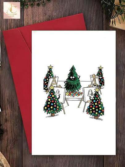 Funny Christmas Greeting Card, Cute Cartoon Christmas Tree Painting Class Graphic, Humorous Festive Card For Artist Friends, Whimsical Xmas Holiday Card, Unique Seasonal Art Themed Card For Family And Art Lovers