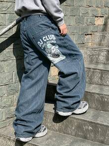 Men's Vintage Light Wash Big Pocket Wide Leg Jeans, Street Style Printed Loose Silhouette Denim Pants - Blue - View 1
