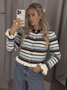 Women's Autumn Set: Vintage Multi-Color Striped Ruffle Round Neck Long Sleeve Cardigan With Metal Buttons, Suitable For Daily And Office Wear - Multicolor - View 7
