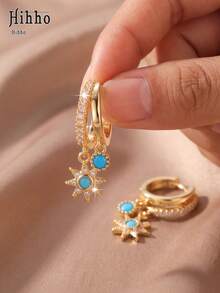 Hihho 2pcs/Set Elegant Atmosphere Gold & Silver Dual-Color Multi-Style Sunflower, Flower, Cross Pendant Rhinestone Hoop Earrings Set For Women, Daily Wear, Holiday Gift, Multi-Piercing Layering Accessory - Multicolor - View 9