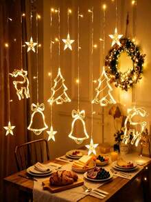 LED Christmas Curtain String Lights, Curtain Lights, Star, Christmas Tree, Bell, Reindeer Shapes, Warm White / Colorful, 8 Flashing Modes, USB Powered, Suitable For Indoor Window, Bedroom, Window, Wall, Bay Window, Fits Home Party, Store Window Holiday Decor, Christmas Party - Christmas Reindeer Bell Curtain Lights - View 5