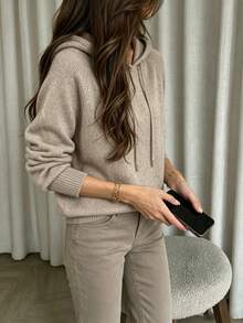 Suéter de punto suave con capucha para mujer, suéter holgado y estilizado con cordón para otoño/invierno, manga raglán de unicolor de manga larga, top casual versátil de punto suave para uso interior/exterior para ir al trabajo y uso diario - Camel - Ver 6