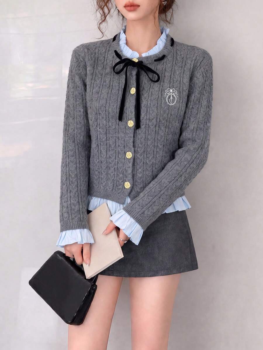 Women's Autumn/Winter Elegant Woven Frill Trim Patchwork Design Cardigan Knit Sweater - Grey - View 1