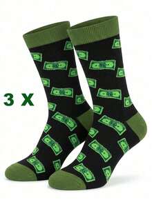 1/3/5 Pairs Men's Dollar Pattern Mid-Calf Socks, Black Base With Green Coin Design, Elastic And Comfortable. Unisex Style Suitable For All Seasons, Perfect For Daily Wear And Gifting. - Multicolor - View 11