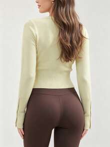 Women's Ribbed Button Cardigan, Long Sleeve Round Neck Polyester Sweater, High Elasticity, Regular Length, Suitable For Autumn/Winter Wear - Light Yellow - View 2