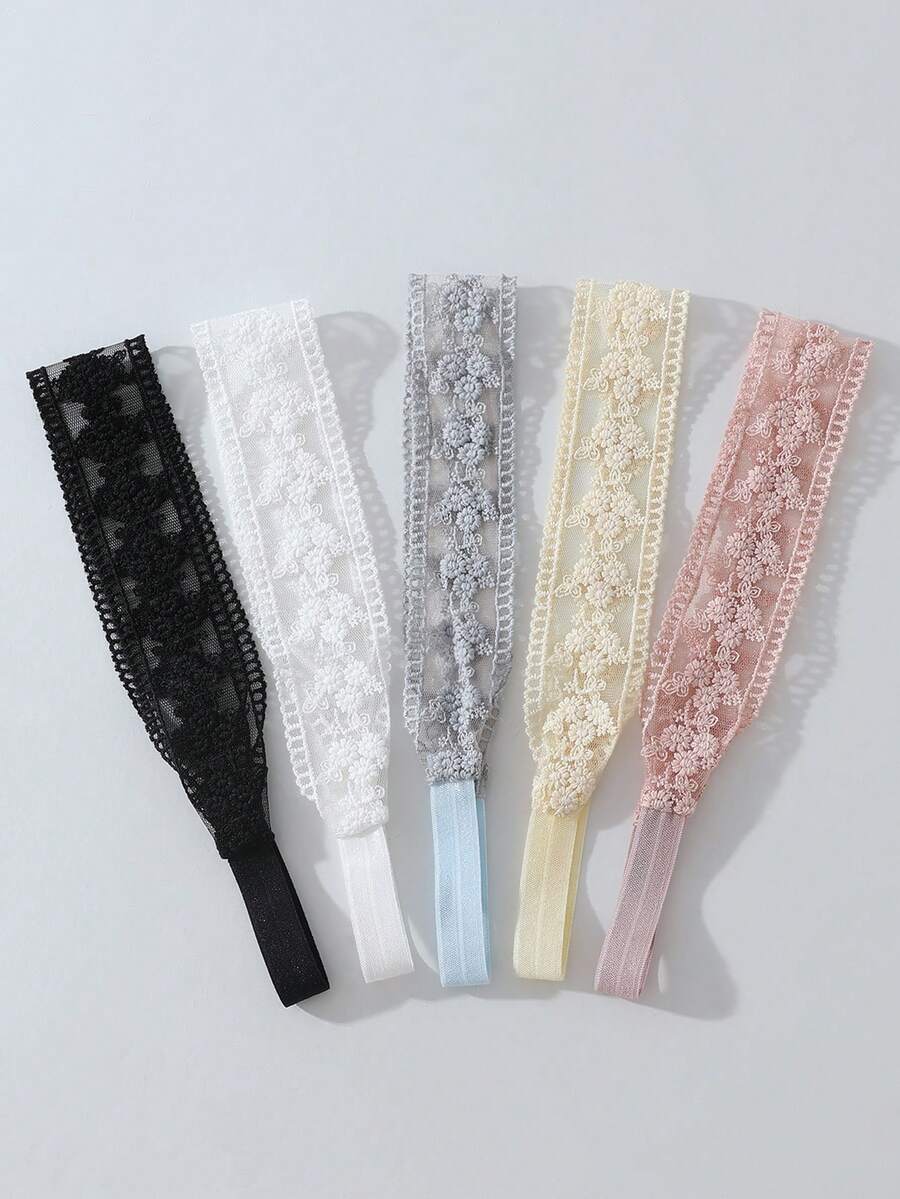 5件組時尚女款蕾絲花卉刺繡圖案柔軟防滑髮箍,彈性瑜伽運動髮飾,適合日常穿搭與多種場合 - 彩色 - 查看 1