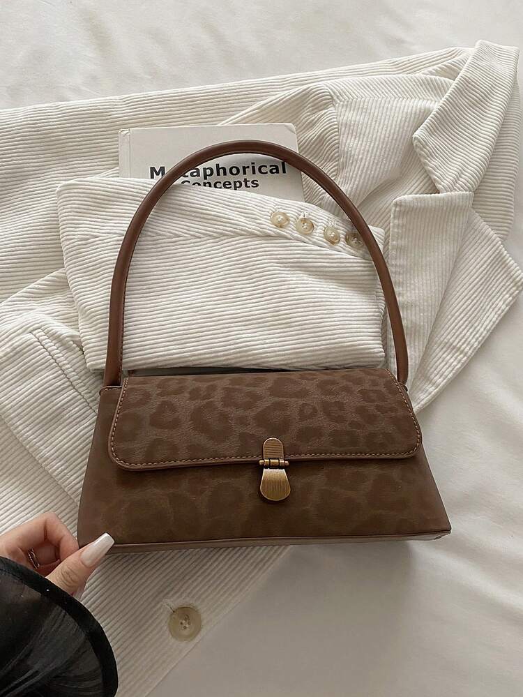 Soft PU Metal Buckle Decor Vintage Shell Baguette Bag Women's Leopard Print Shoulder Bag New Women's Small Handbag Square Bag - Brown - View 6