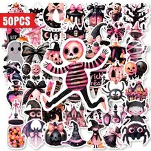 50pcs Pink & Black Halloween Cartoon Stickers, Cute Cartoon Stickers For Water Bottle, Luggage Decoration - 50pcs Pink & Black Halloween Stickers - View 3