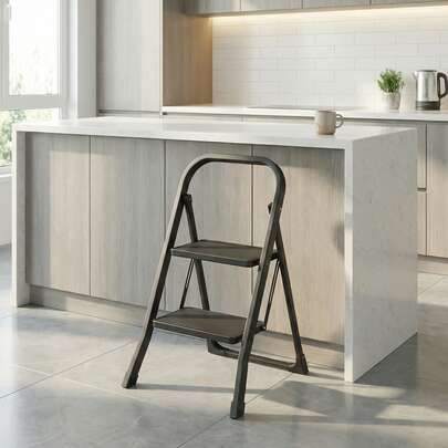 SONGMICS Scaletta Pieghevole a 2 Gradini in Acciaio, Antiscivolo, Portata 150 kg, 86,5 x 44,5 x 4,5 cm, Nero