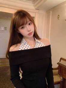 Autumn/Winter Sexy Style Black Halter Neck Knit Top, Ribbed Slim Fit, Sexy Shoulder-Baring Innerwear/Outerwear - Black - View 4