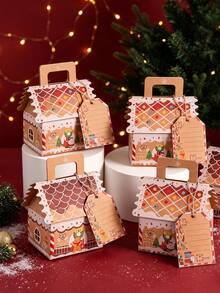 10pcs/50pcs/Pack Christmas Party Gift Candy Favor Boxes, Handheld Paper Boxes, Christmas Decoration Atmosphere Paper Boxes, 3D Christmas House - View 10