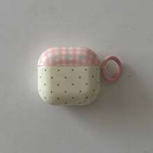Polka Dot & Pink Plaid Earphone Case With Hanging Ring, Compatible With Apple 5/ 4/ 2/ 3/ Pro 3/ Pro 2, Cute Korean Style Protective Cover With Pendant For Girls - Creamy Yellow - View 3