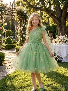 Tween Girls Asymmetrical Neckline Embroidered Floral Green Mesh Outdoor Wedding Flower Girl Dress Suitable For Prom Graduation Season, Fabric Floral Pattern Randomly Cut, Headband Not Included - Green - View 5
