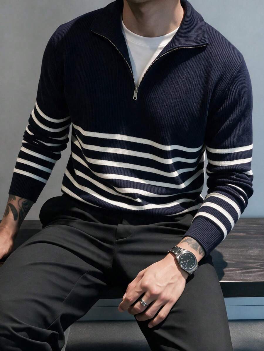 Men's Striped Half-Zip Stand Collar Knit Polo Shirt, Light Business Casual Long Sleeve Top - Black - View 1