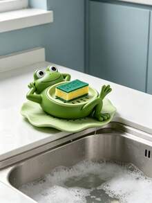 1pc Frog Shaped Kitchen Sink Sponge Holder, Cute Animal Frog Design Drain Rack, Plastic Dish Brush Cloth Drainage Rack With Drain Tray, Multi-Functional Kitchen Bathroom Cleaning Tool Storage Rack, Bathroom Shelf Soap Box, Sink Side Faucet Sponge Storage Basket, Frog Drain Rack, Kitchen Countertop Cleaning Brush Storage, Bathroom Decor Storage Supplies - Multi-color - View 7
