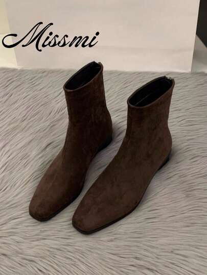 Women's Chunky Heel Suede Korean Style Ankle Boots, New Autumn/Winter Thermal Lined Boots, Coffee Color Slim Ankle Boots