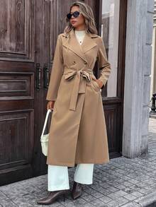 Fashion Women's Long Lapel Double-Breasted Tie-Front Trench Coat, Mid-Length Jacket, Autumn Outfit - Khaki - View 2