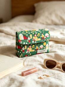 Green Cartoon Village Print Snap Button Small Cosmetic Pouch Mini Portable Lipstick Jewelry Storage Bag Cute Travel Toiletry Organizer Gift L'Occitane Small Makeup Bag - Green - View 5