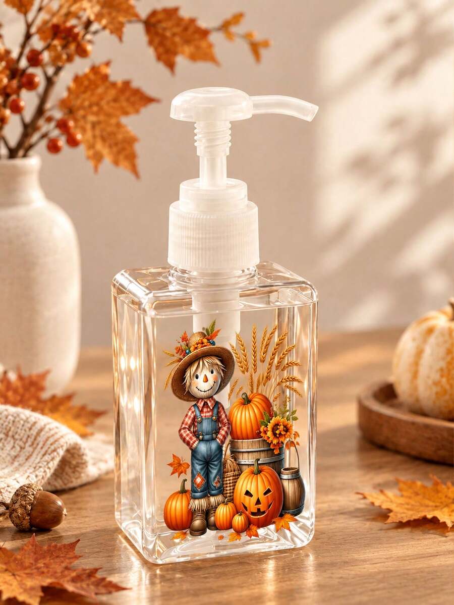 「HAPPY FALL」南瓜與稻草人圖案透明真空壓泵瓶,秋季可重複使用可補充壓瓶,防漏塑料旅行分裝瓶:旅行泡沫分裝瓶——透明塑料材質,無香料,不含乳膠,(適用於乳液與底妝)適用於洗手液、牙膏、洗髮精、潤髮乳等:旅行必需品,透明旅行化妝品容器(適用於底妝、保濕霜等)——僅限手洗,節省空間設計。適用於日常居家使用,萬聖節家居裝飾 - 多色 - 查看 1