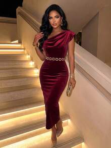 AIJ Robe midi élégante d'automne en velours bleu royal à une épaule, col drapé, dos nu, fente, robe de soirée ajustée, convient pour invitée de mariage, soirée - Rouge foncé - Voir 3
