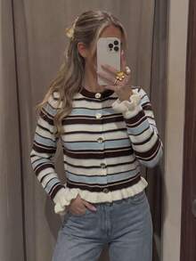 Women's Autumn Set: Vintage Multi-Color Striped Ruffle Round Neck Long Sleeve Cardigan With Metal Buttons, Suitable For Daily And Office Wear - Multicolor - View 6