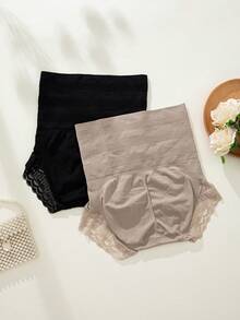 2pcs Women's High Waist Butt Lifting Tummy Control Sexy Lace Trim Shaping Triangle Panties - Multicolor - View 2