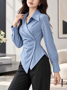 YUXIN Women's Blue Striped Wrap Shirt Collared Asymmetric Button Front Self Tie Back Fitted Elegant Top For Office Date Dinner Fall Daily Wear - Blue Bar - View 5