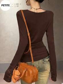 American Style Hot Girl Low Neck Long Sleeve Slim Fit Studded Tube Top 2 Pieces Set - Brown - View 6