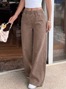 Women's Plus Size Washed Denim Loose Long Jeans, Elastic Waist Design, Non-Stretch Vintage Casual Pants - Brown - View 2