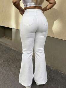 Plus Size White Flare Jeans, With Pockets And Zipper, High Elasticity Long Pants, Suitable For Daily Fashion Wear - White - View 7