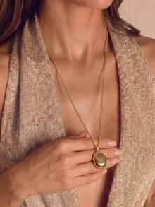1pc Gold Oval Pendant Long Sweater Necklace, Minimalist Box Chain Statement Necklace, Vintage Metal Neck Jewelry For Women Daily Outfit - Gold - View 2