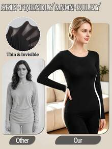 Women's Seamless Ultra-Thin Warm Long Sleeve Crew Neck Base Layer Top, Lightweight Autumn/Winter Layering Shirt - Black - View 5